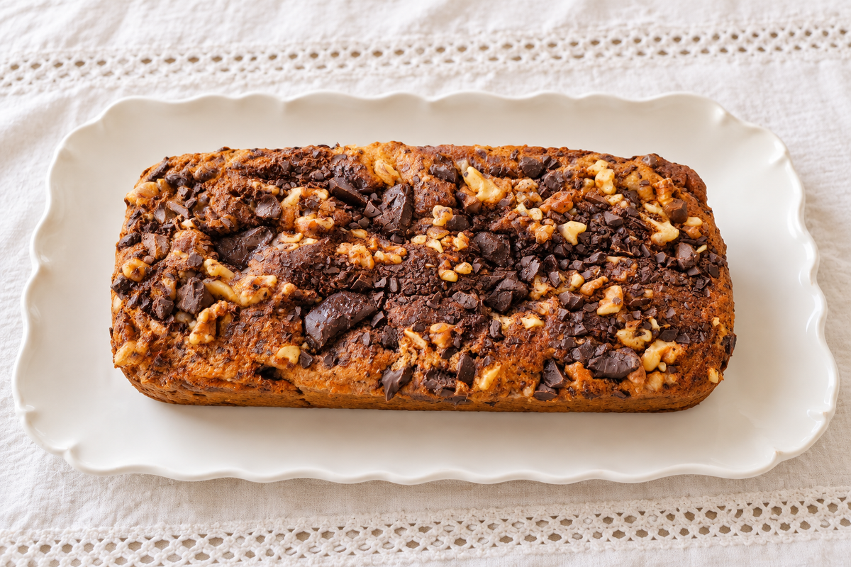 Bizcocho de especias y chocolate entero con nueces y sésamo sobre un plato blanco
