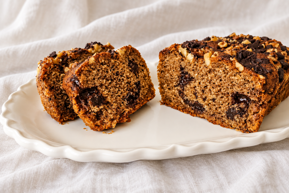 Bizcocho de especias y chocolate con nueces en porciones, acompañado del bizcocho entero sobre plato blanco