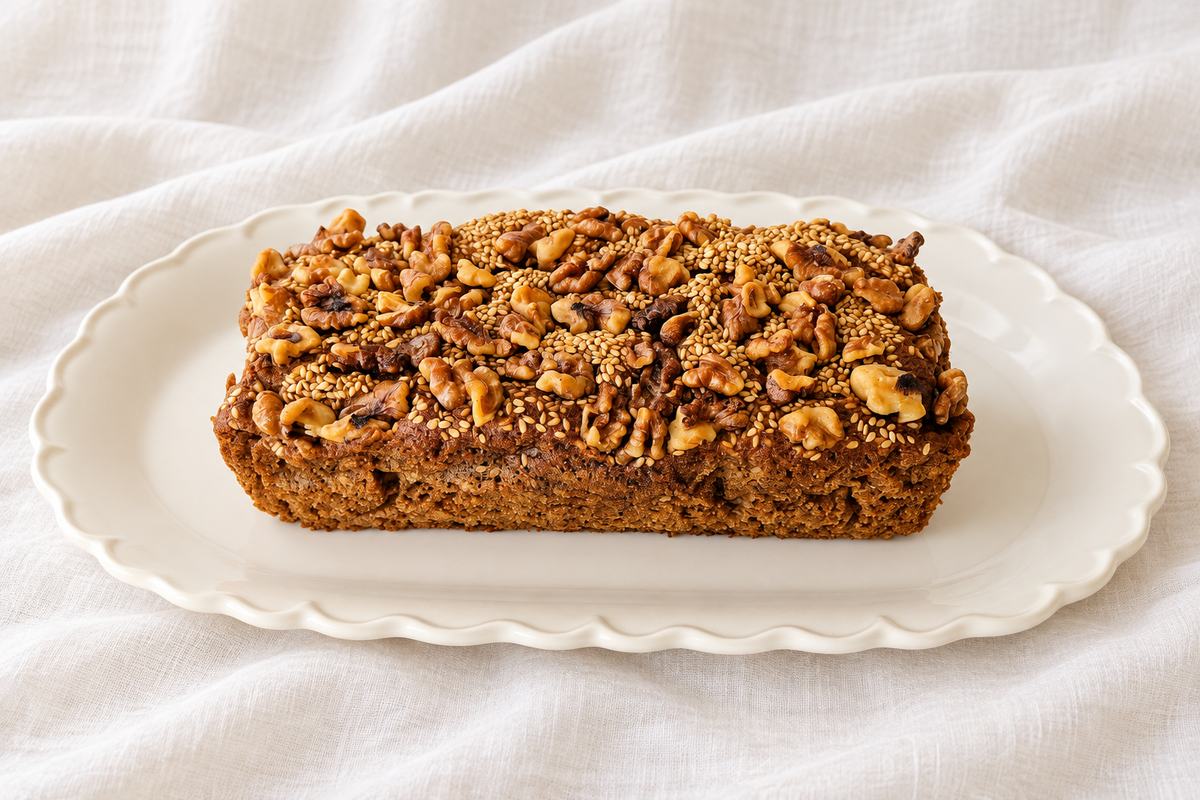 Bizcocho de especias con nueces y sésamo entero sobre un plato blanco