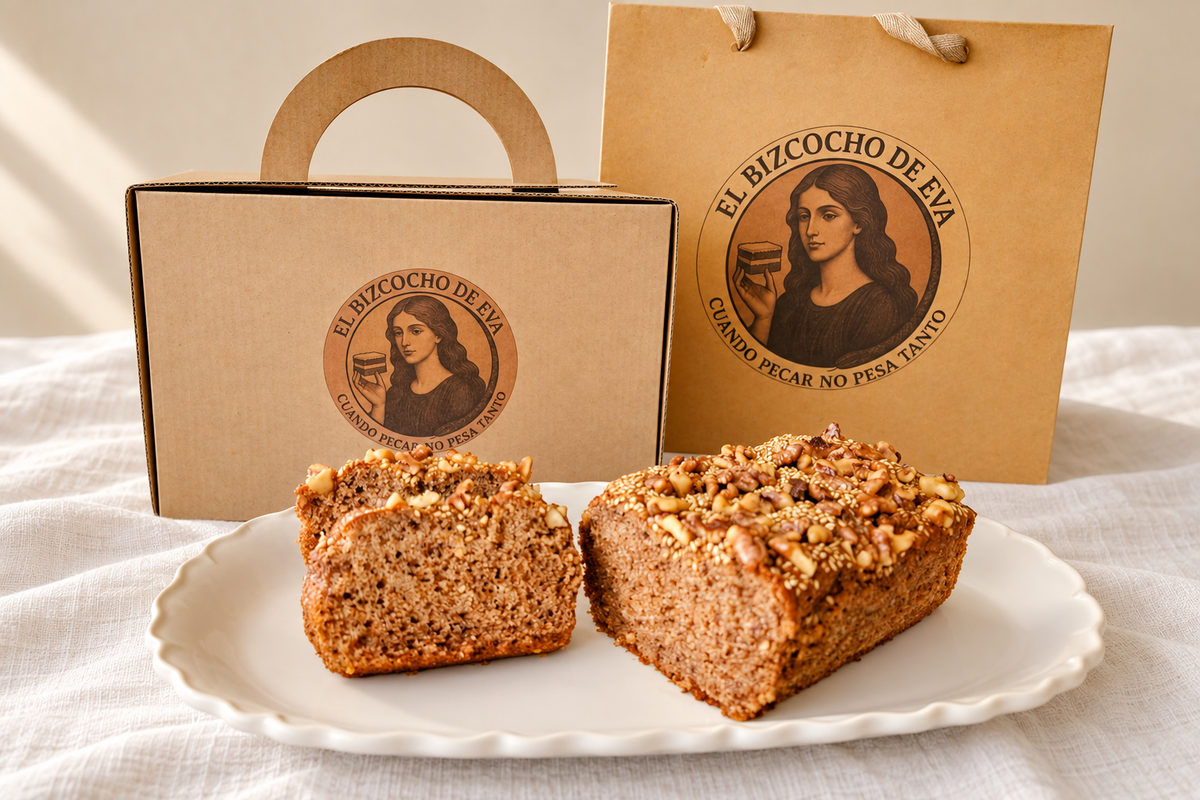 Bolsa y caja de regalo para el bizcocho de especias con nueces y sésamo