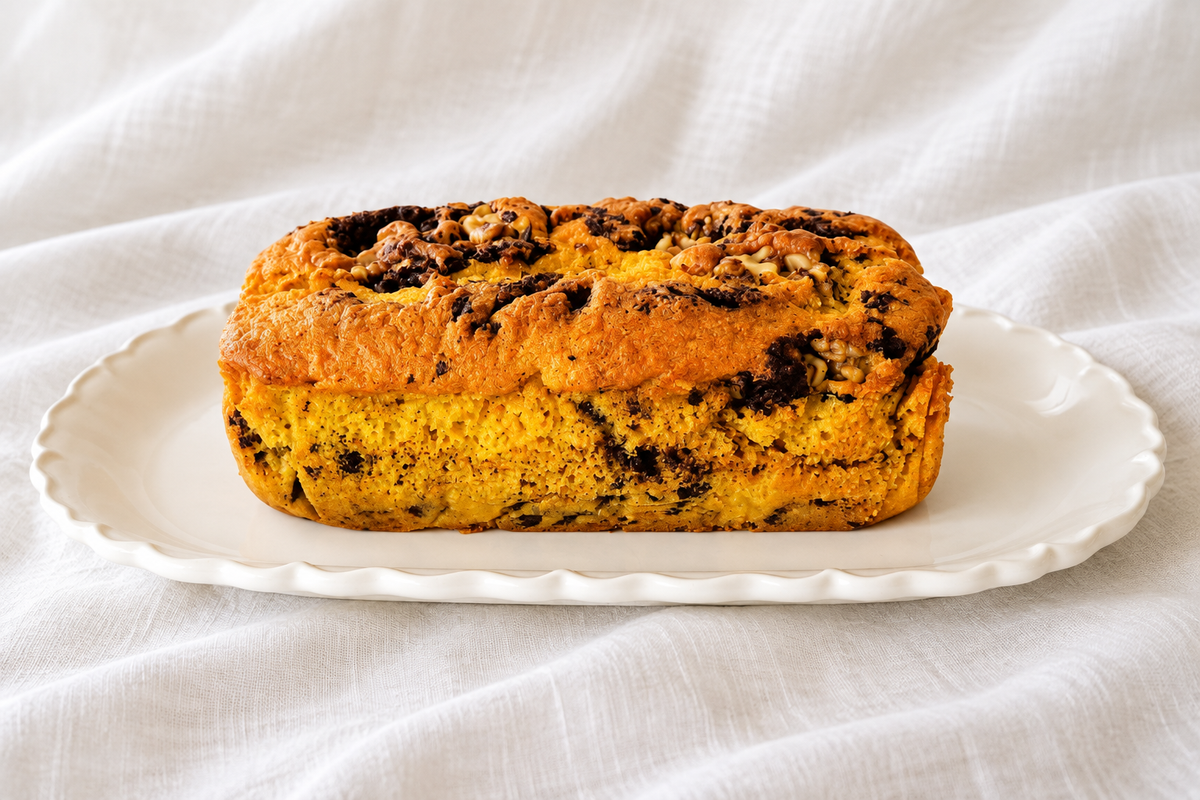 Bizcocho de limón con chocolate y nueces entero sobre un plato blanco