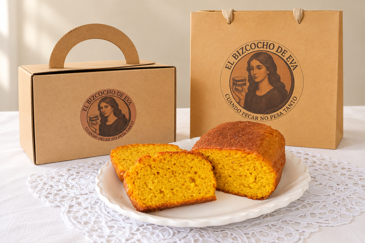 Bizcocho de limón dorado presentado con caja y bolsa de regalo de El Bizcocho de Eva